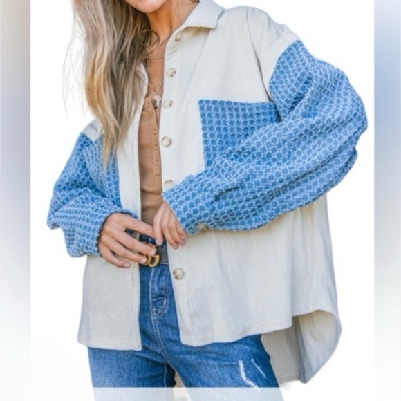 NWT Andthewhy denim Blue/Cream cordoroy colorblock Button-Down Shirt - Picture 2 of 10